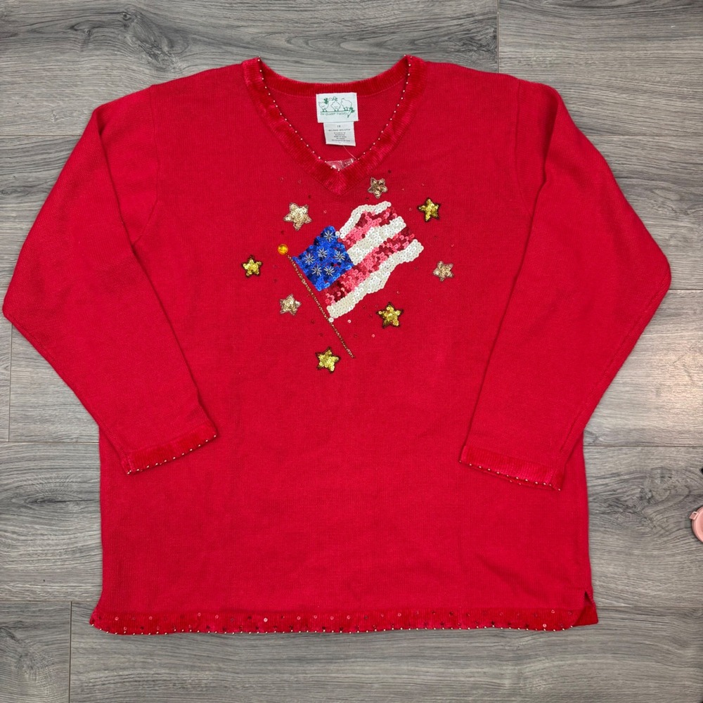 Quacker Factory 1X Red Patriotic Flag‎ Sweater Beaded Sequin Stars USA Top NWT